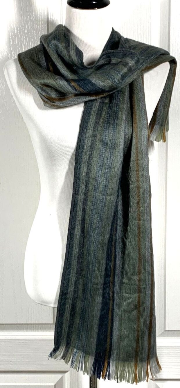 Shupaca Alpaca Blend Scarf Gray Green Navy Brown Stripe Brushed Cozy Soft Warm